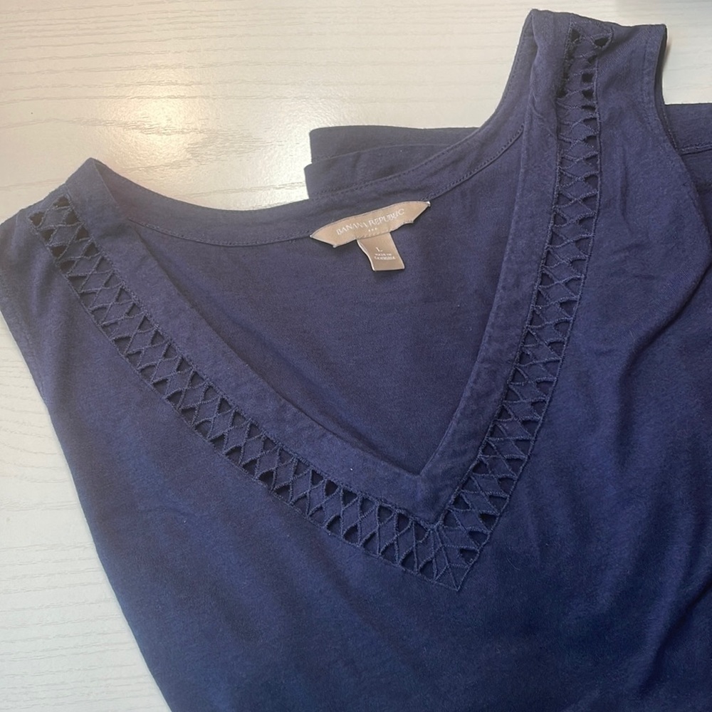 Banana Republic Factory Soft Navy Blue Sleeveless Top with Cutout V-Neck Detail